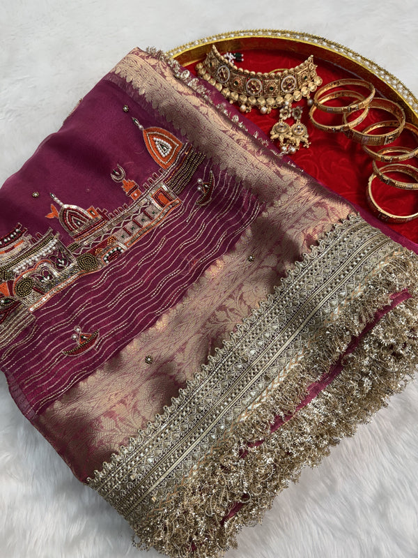 Gulabi Banarasi Ghat Hand Zardozi Pure Tissue Silk Saree