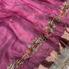 Gulabi Banarasi Ghat Hand Zardozi Pure Tissue Silk Saree