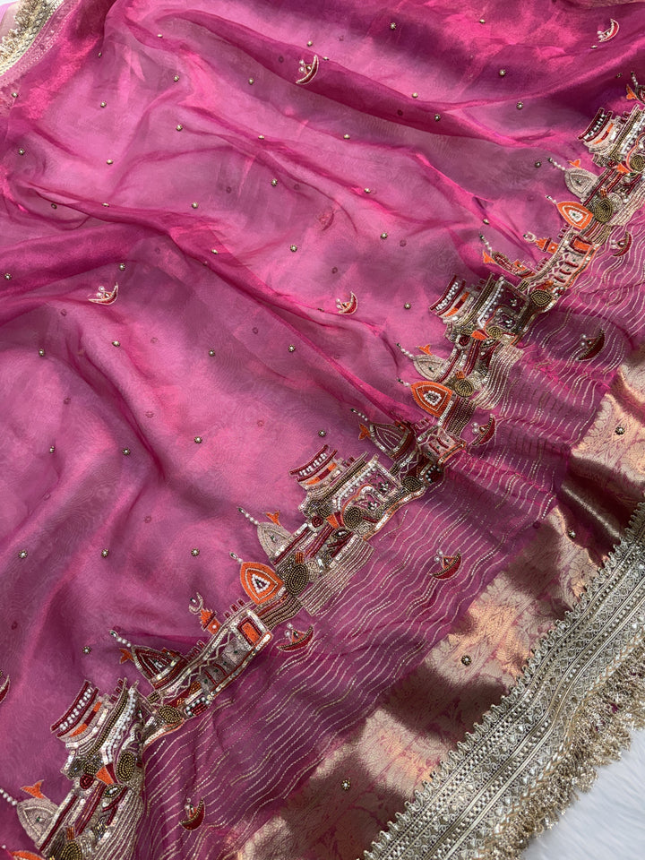 Gulabi Banarasi Ghat Hand Zardozi Pure Tissue Silk Saree