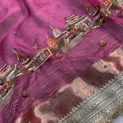 Gulabi Banarasi Ghat Hand Zardozi Pure Tissue Silk Saree