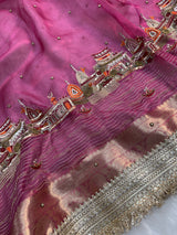Gulabi Banarasi Ghat Hand Zardozi Pure Tissue Silk Saree
