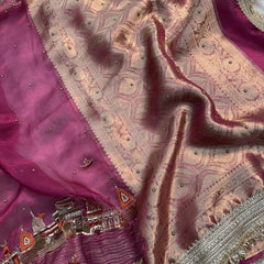 Gulabi Banarasi Ghat Hand Zardozi Pure Tissue Silk Saree