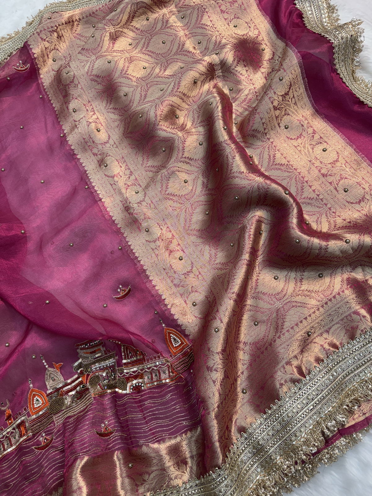 Gulabi Banarasi Ghat Hand Zardozi Pure Tissue Silk Saree