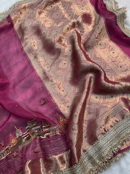 Gulabi Banarasi Ghat Hand Zardozi Pure Tissue Silk Saree