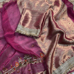 Gulabi Banarasi Ghat Hand Zardozi Pure Tissue Silk Saree