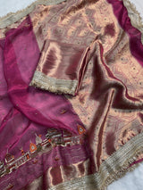 Gulabi Banarasi Ghat Hand Zardozi Pure Tissue Silk Saree