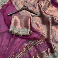 Gulabi Banarasi Ghat Hand Zardozi Pure Tissue Silk Saree