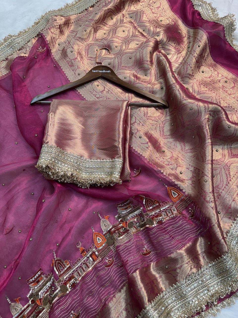 Gulabi Banarasi Ghat Hand Zardozi Pure Tissue Silk Saree