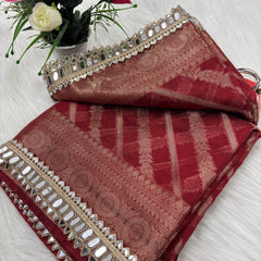 Varnika Red Banarasi Sundari Mirror Work Tissue Silk Saree