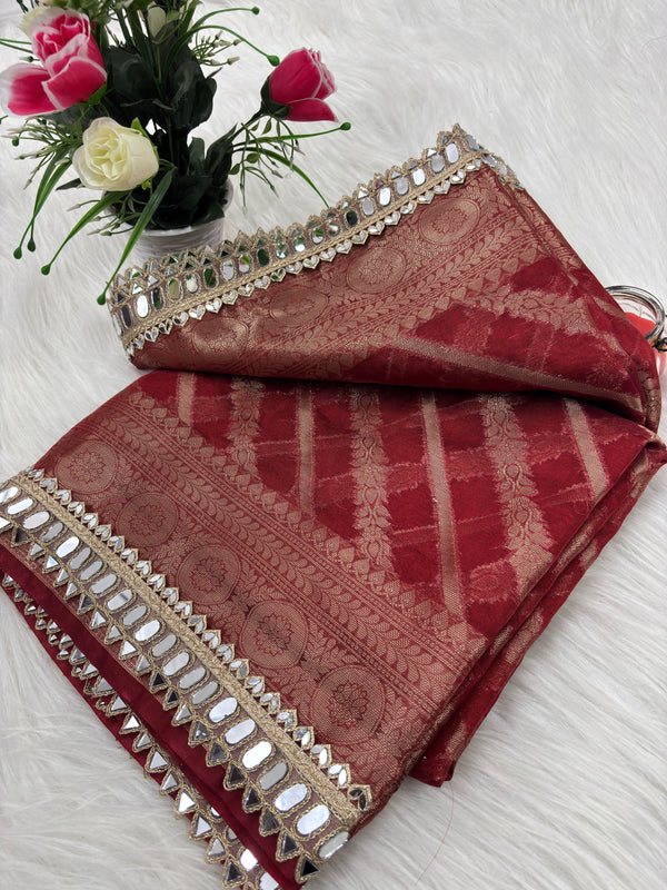 Varnika Red Banarasi Sundari Mirror Work Tissue Silk Saree