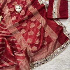 Varnika Red Banarasi Sundari Mirror Work Tissue Silk Saree