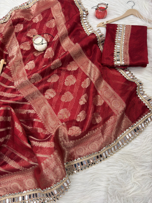Varnika Red Banarasi Sundari Mirror Work Tissue Silk Saree