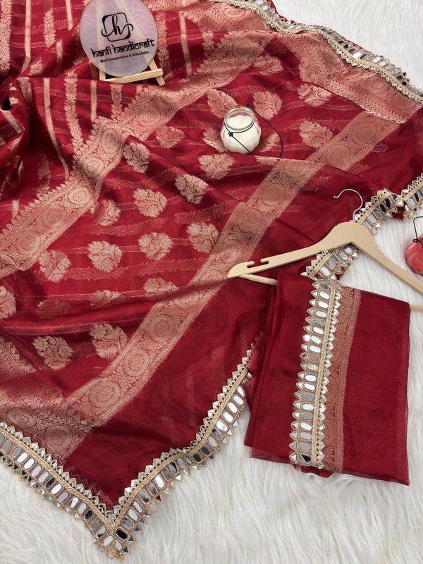 Varnika Red Banarasi Sundari Mirror Work Tissue Silk Saree