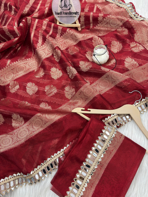 Varnika Red Banarasi Sundari Mirror Work Tissue Silk Saree