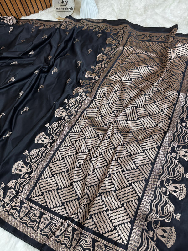 Deep Black Regal Mashru Banarasi Silk Saree