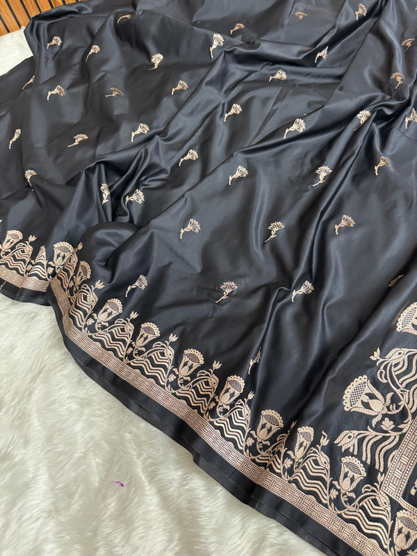 Deep Black Regal Mashru Banarasi Silk Saree