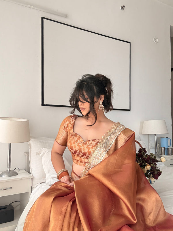 Copper Gold Banarasi Riwaayat Tissue Silk Saree | Easy To Carry