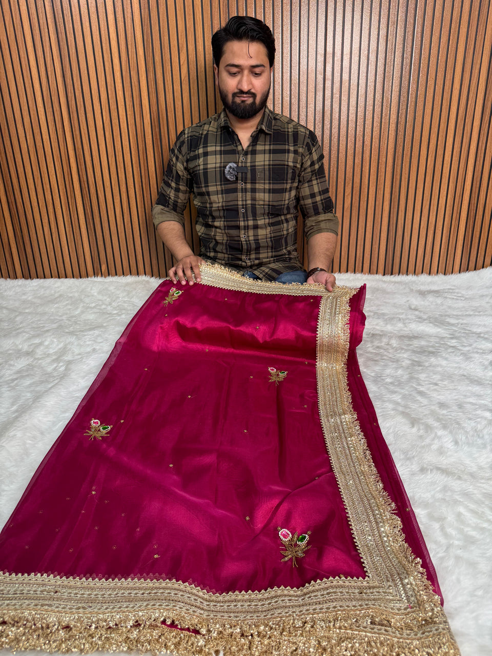 Magenta Pink Maharani Gemstone Hand-work Designer Saree
