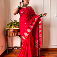 Sacrlet Red Alfi Motif Banarasi Zari Border Saree And Pallu