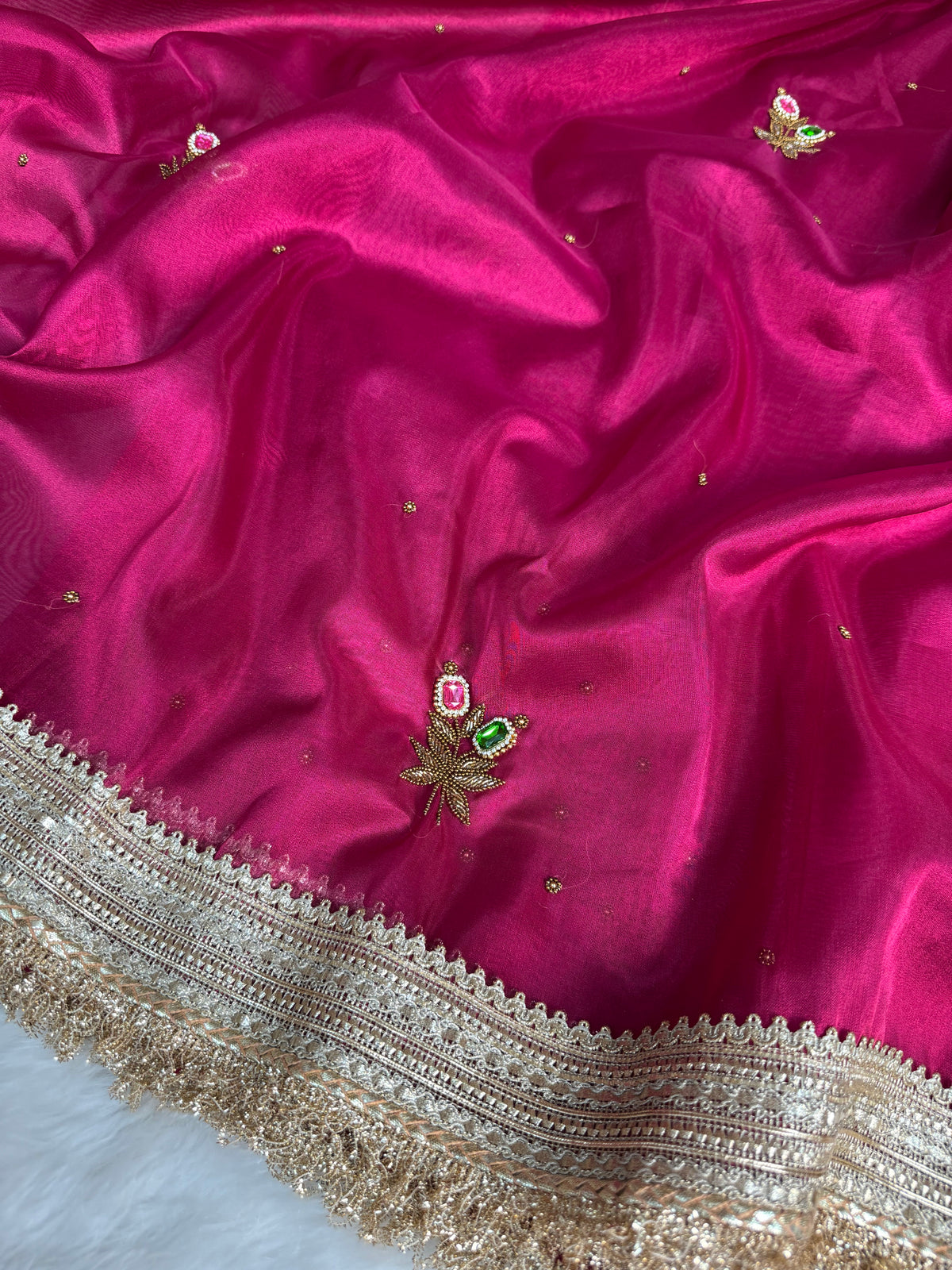 Magenta Pink Maharani Gemstone Hand-work Designer Saree