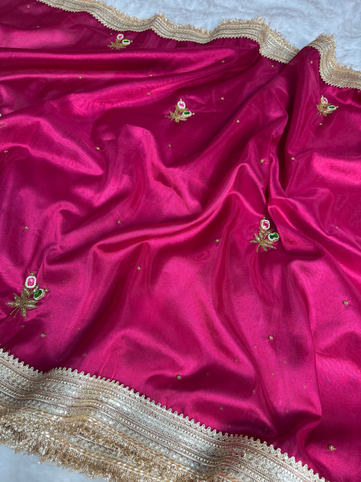 Magenta Pink Maharani Gemstone Hand-work Designer Saree