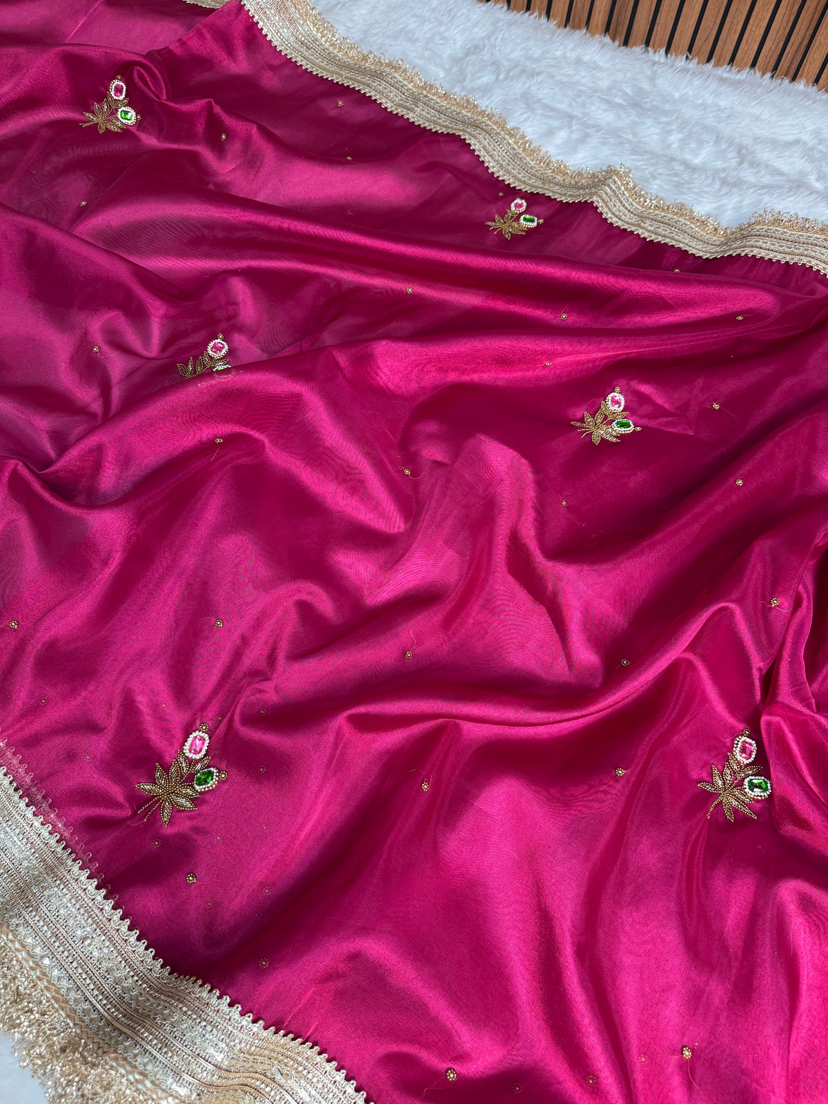 Magenta Pink Maharani Gemstone Hand-work Designer Saree