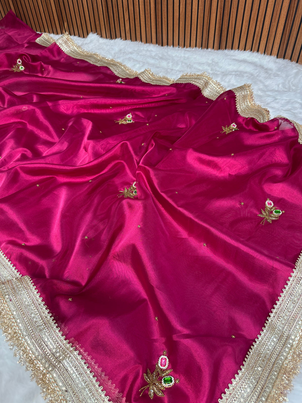 Magenta Pink Maharani Gemstone Hand-work Designer Saree