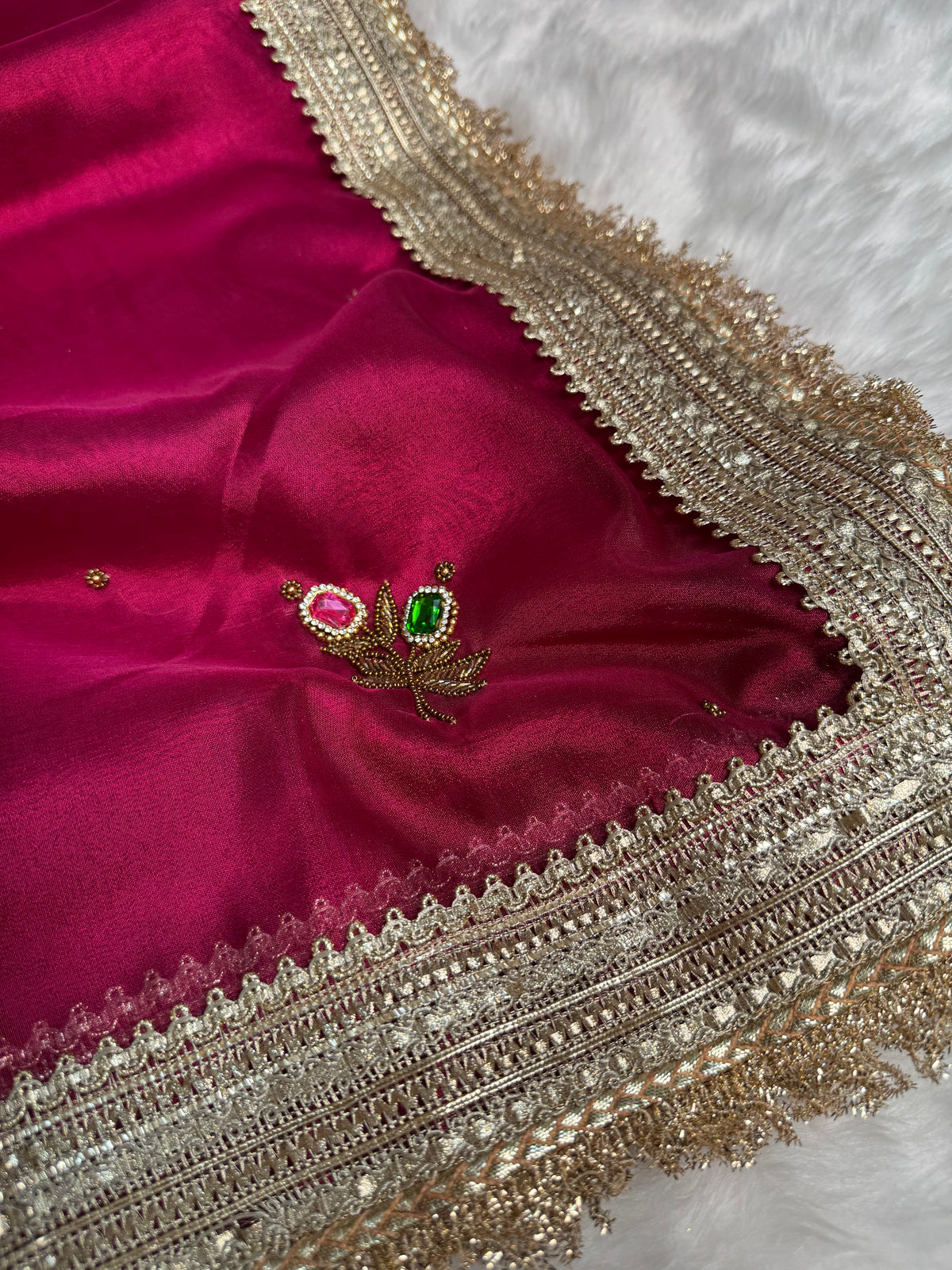 Magenta Pink Maharani Gemstone Hand-work Designer Saree