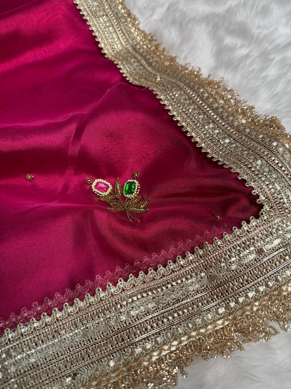 Magenta Pink Maharani Gemstone Hand-work Designer Saree