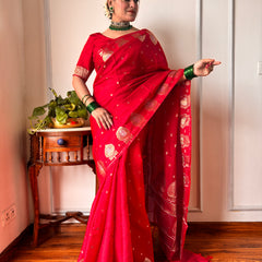 Sacrlet Red Alfi Motif Banarasi Zari Border Saree And Pallu
