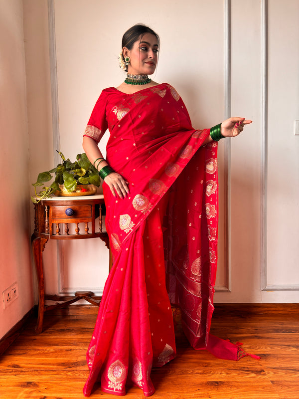 Sacrlet Red Alfi Motif Banarasi Zari Border Saree And Pallu