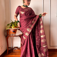 Maroon Brown Alfi Motif Banarasi Zari Border Saree And Pallu