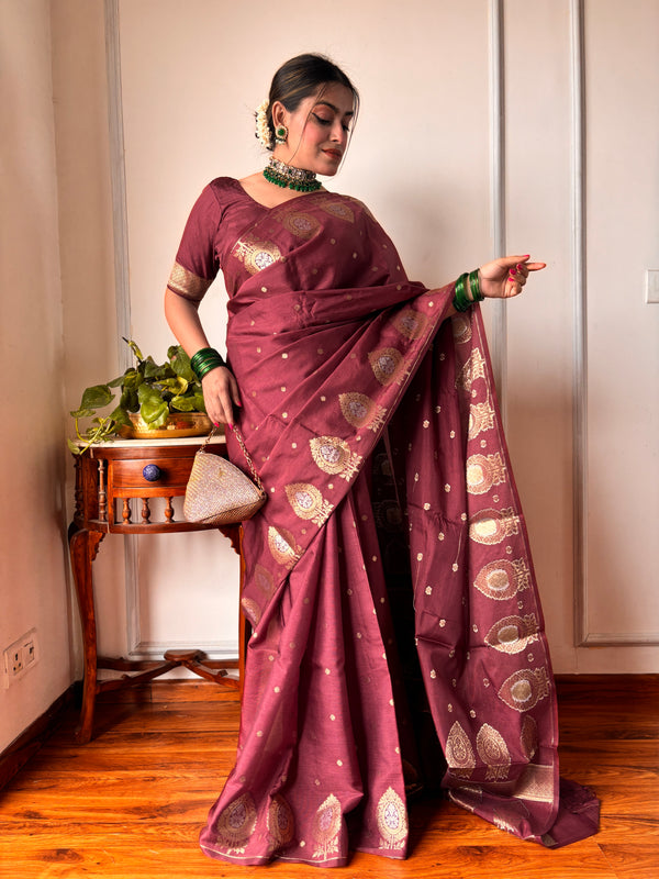 Maroon Brown Alfi Motif Banarasi Zari Border Saree And Pallu