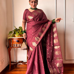 Maroon Brown Alfi Motif Banarasi Zari Border Saree And Pallu