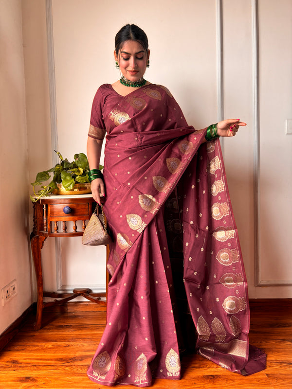 Maroon Brown Alfi Motif Banarasi Zari Border Saree And Pallu