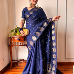German Blue Alfi Motif Banarasi Zari Border Saree And Pallu