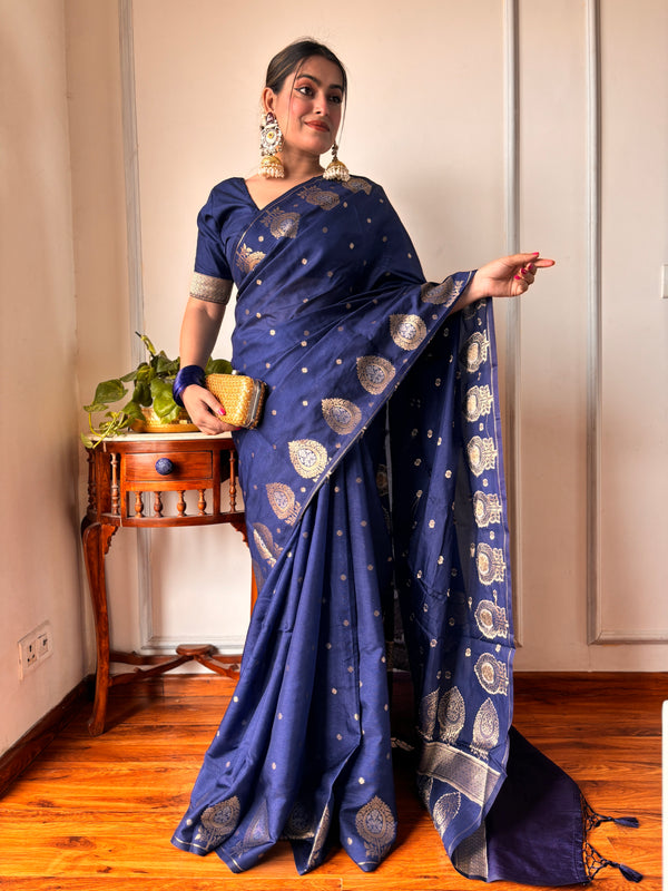 German Blue Alfi Motif Banarasi Zari Border Saree And Pallu