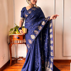 German Blue Alfi Motif Banarasi Zari Border Saree And Pallu