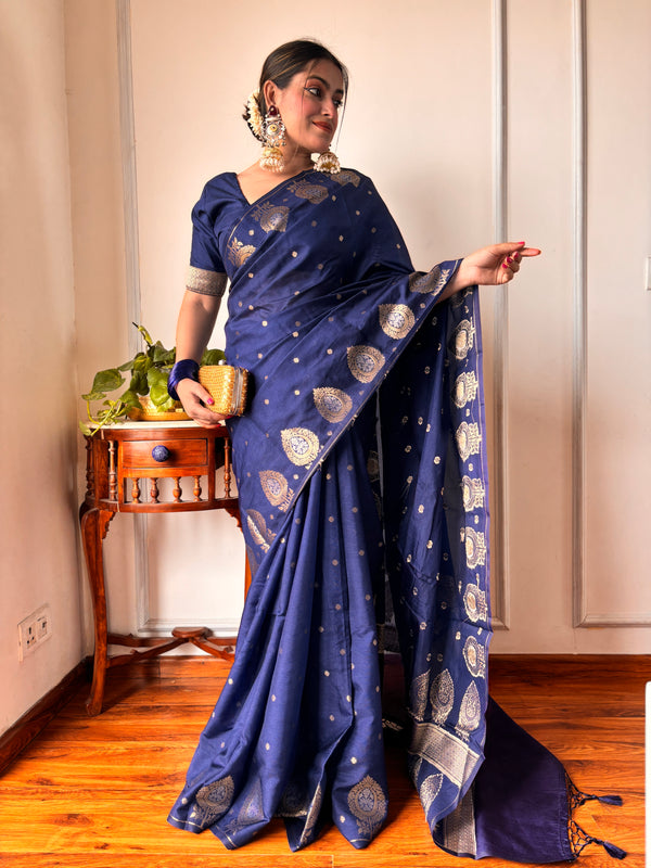 German Blue Alfi Motif Banarasi Zari Border Saree And Pallu