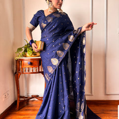 German Blue Alfi Motif Banarasi Zari Border Saree And Pallu