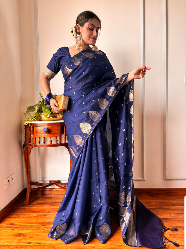 German Blue Alfi Motif Banarasi Zari Border Saree And Pallu