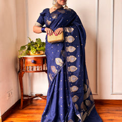 German Blue Alfi Motif Banarasi Zari Border Saree And Pallu