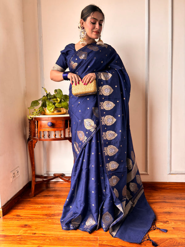 German Blue Alfi Motif Banarasi Zari Border Saree And Pallu
