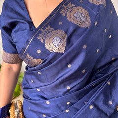 German Blue Alfi Motif Banarasi Zari Border Saree And Pallu