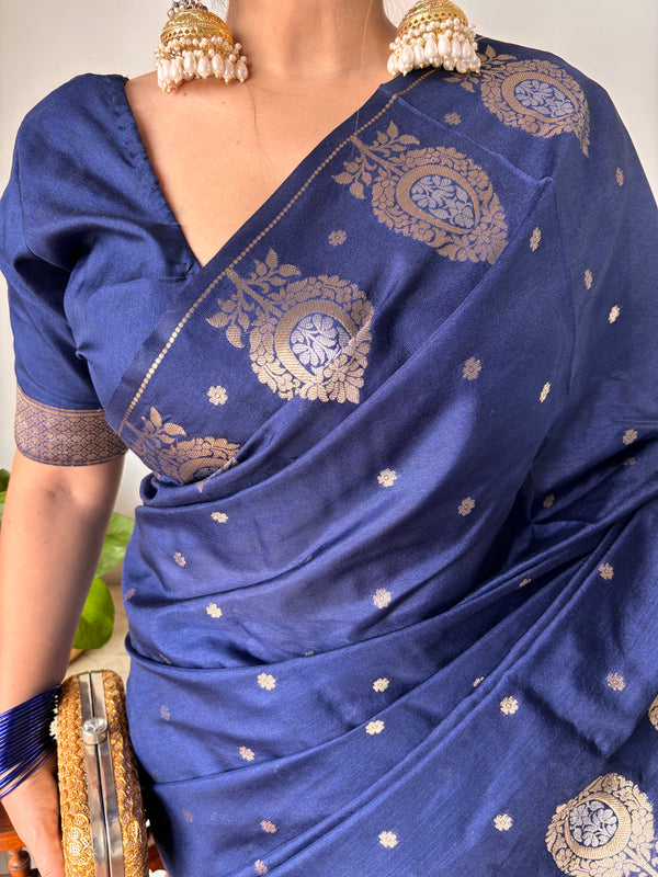 German Blue Alfi Motif Banarasi Zari Border Saree And Pallu