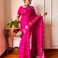 Magenta Pink Alfi Motif Banarasi Zari Border Saree And Pallu