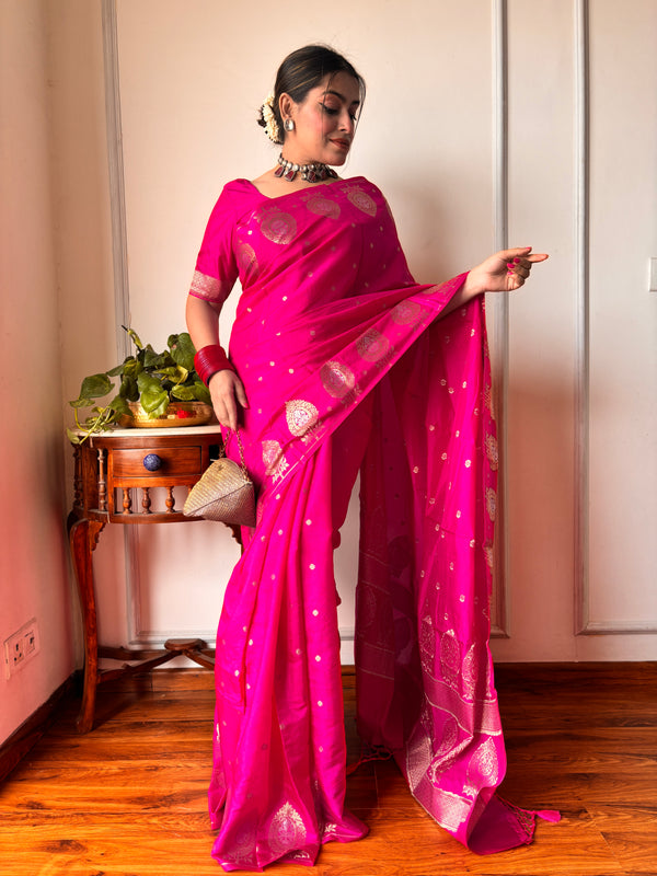 Magenta Pink Alfi Motif Banarasi Zari Border Saree And Pallu