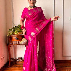 Magenta Pink Alfi Motif Banarasi Zari Border Saree And Pallu