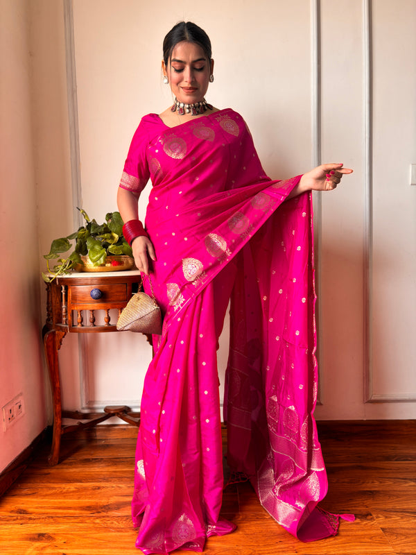 Magenta Pink Alfi Motif Banarasi Zari Border Saree And Pallu