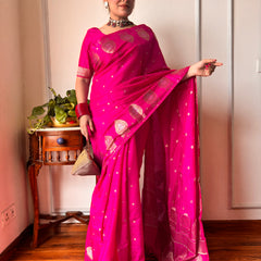 Magenta Pink Alfi Motif Banarasi Zari Border Saree And Pallu